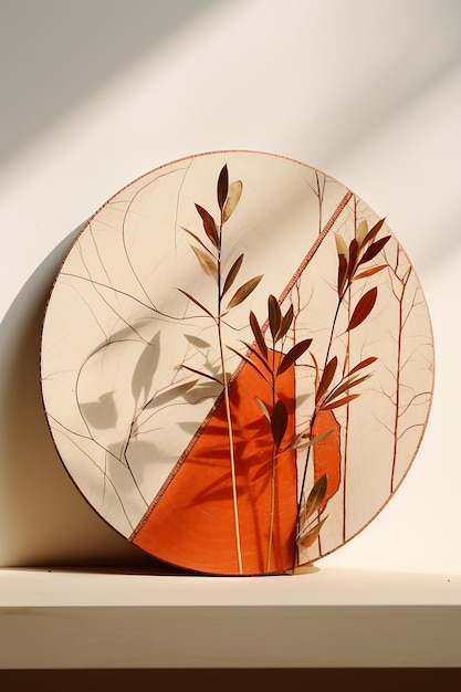 a round plate with a leaf on it