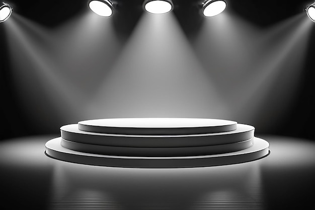 Round podium 3D pedestal or platform illuminated by spotlights on background Stage with scenic lights