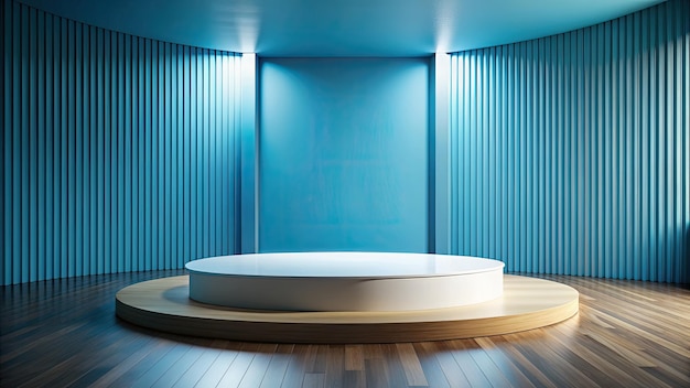 Round podium in blue room with blue wall and wooden floor