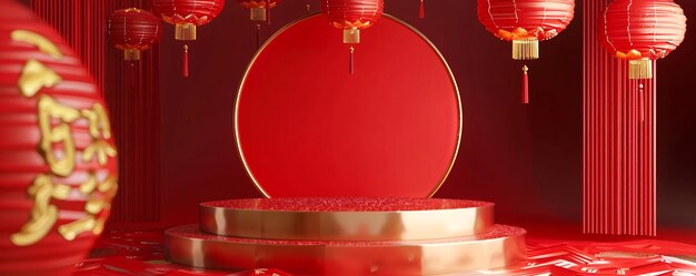 Round podium display decorated with hanging chinese lanterns showing prosperity