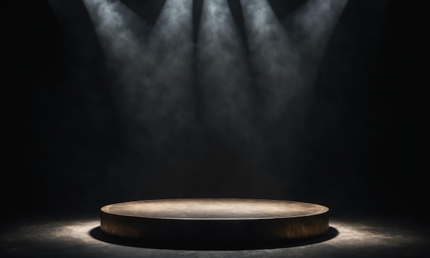 Round podium illuminated by spotlights in a dark room