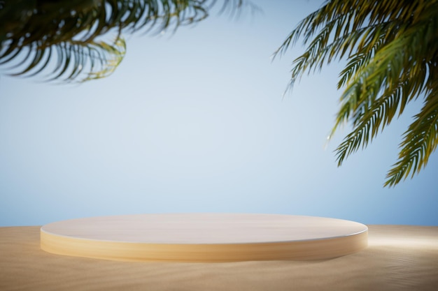 A round podium to place goods or text against the backdrop of a sandy beach with palm trees