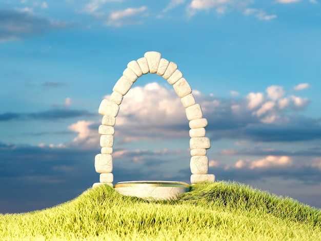 A round podium to place goods or text and an arch against a background of sky and green grass