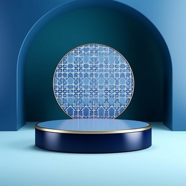 round podium for product presentation inside a modern mosque islamic pattern decorations