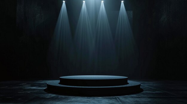 Round Podium Stage Lit by Spotlights in Dark Setting