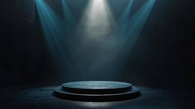 Round Podium Stage Lit by Spotlights in Dark Setting