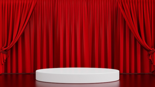 Round podium on stage theater or opera with red curtain 3D rendering