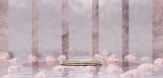 Round podium on water surface zen japanese style podium background minimalist zen marble and gold