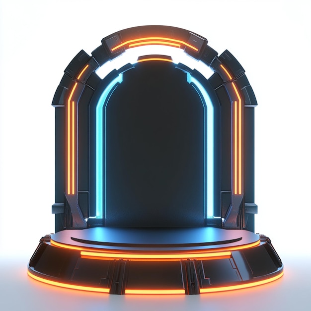 a round podium with a bright orange neon light on it