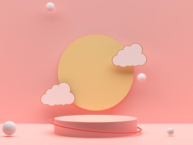 Round podium with clouds spheres and circle background Pastel pink and yellow background Pedestal for kid product presentation Geometric 3D render