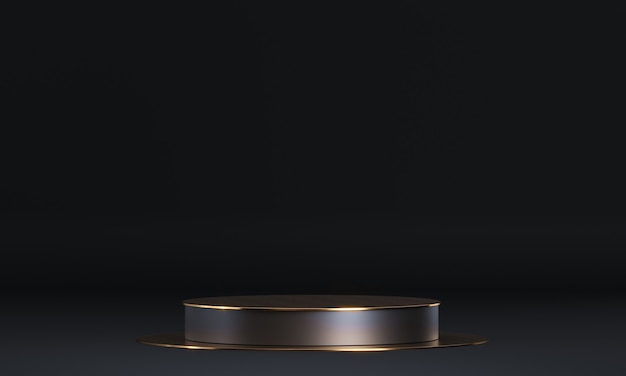 Round podium with geometric shapes and gold elements. Abstract blank pedestal, display platform.