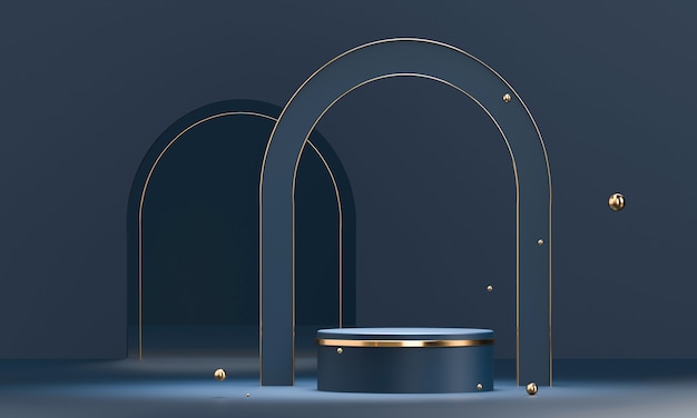 Round podium with geometric shapes and gold elements. Abstract blank pedestal, platform for product.