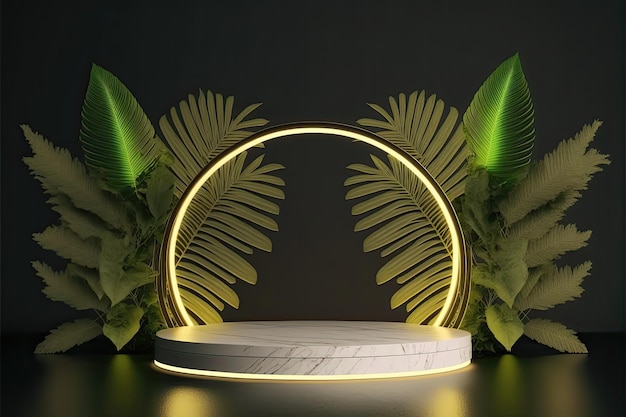 A round podium with a green light around it and a palm leaf on the top.