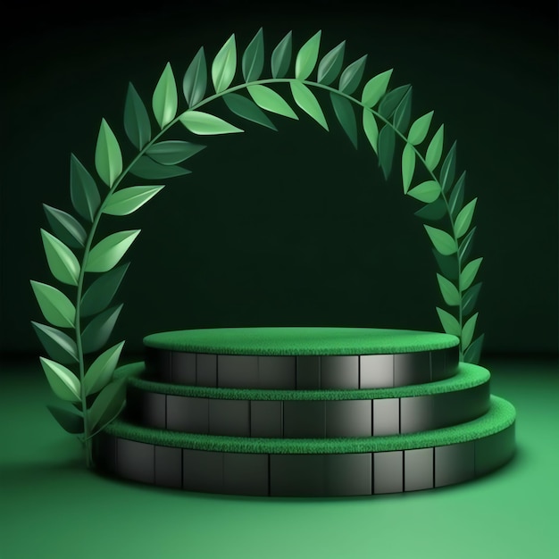 A round podium with leaves on it and a green background.