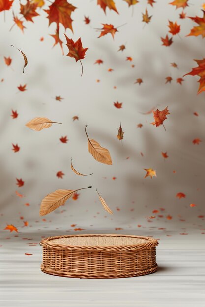 Photo round podium with matte transparent display in autumn setting