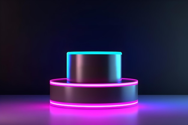 A round podium with a purple and blue light on it.