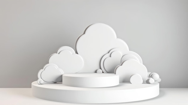 A round podium with a white cloud shaped design on it.