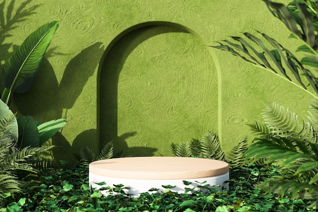 Round product stand near green leaves d render