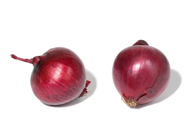 Round raw whole red onion isolated on a white background