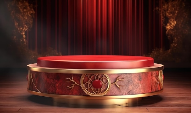 A round red and gold stage with a red curtain behind it.