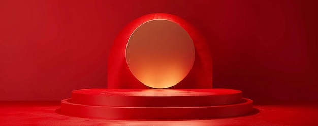 Round red stage with oval backdrop illuminating empty space for product placement