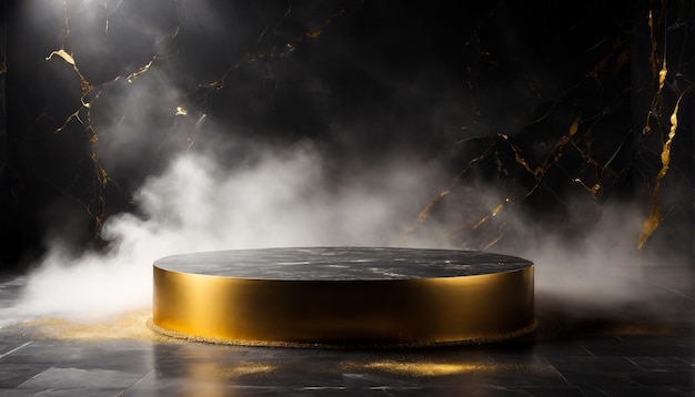 Round shape black marble podium in dark room with smoke for mockup products display