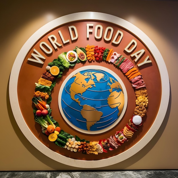 Photo a round sign with a world food day written on it