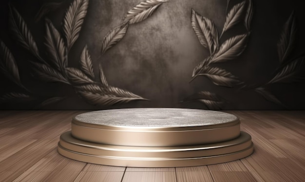 A round silver podium with gold edges and a silver round stand on a wooden floor.