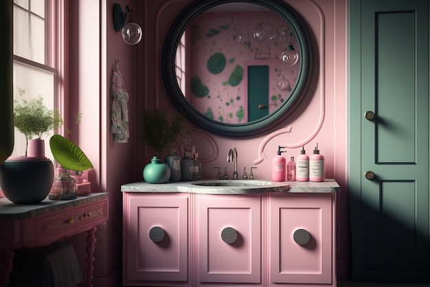 Round sink with spacious toiletries cabinets behind it in a pink and black tiled bathroom a mockup