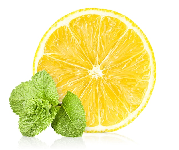 A round slice of lemon and a sprig of mint on a white isolated background