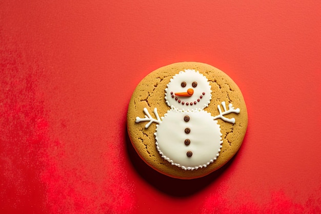 Round snowman gingerbread biscuit on a red background