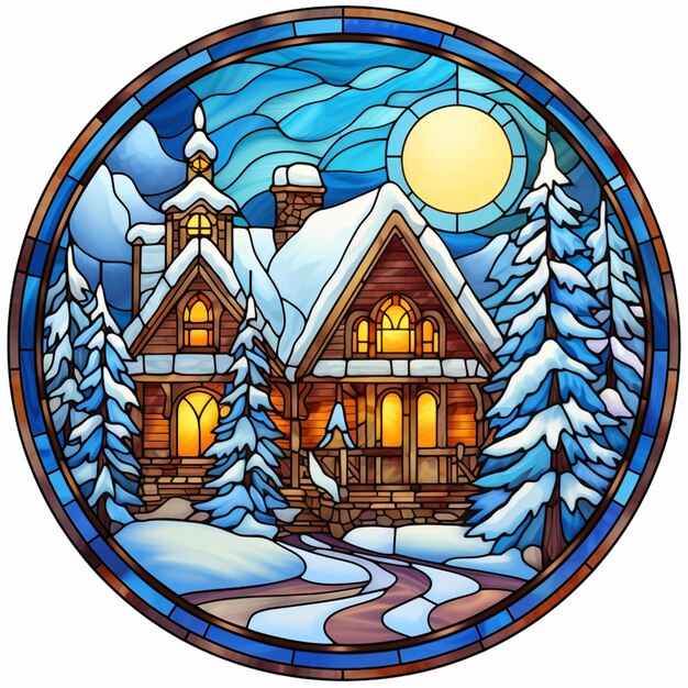 a round stained glass window with a cabin in the snow generative ai