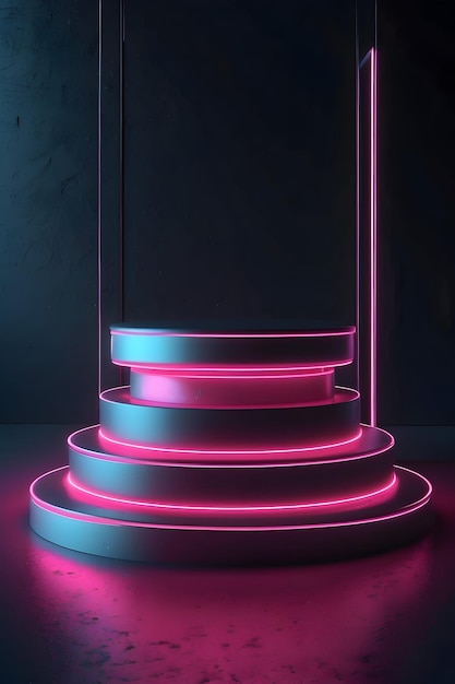 a round stand with a bright neon light on it