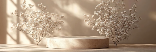 A Round Stone Pedestal Surrounded by Delicate Dried Flowers