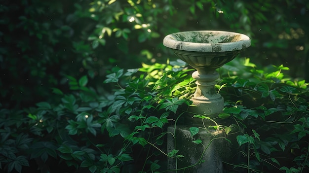 A round stone platform surrounded by lush green foliage with various types of leaves