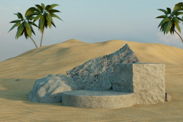 A round stone podium for placing goods against the backdrop of mountains of sand and palm trees