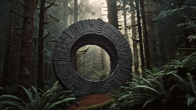 Round stone portal in the forest an abandoned temple Path made of stones in the forest