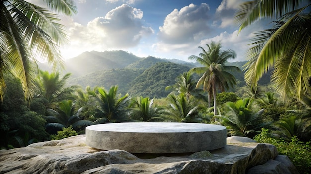 a round stone table with a mountain view in the background