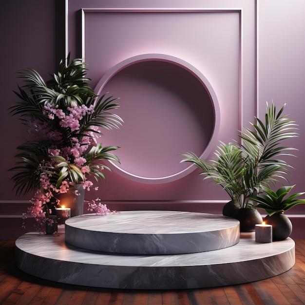 a round stone table with plants and a round circle on it