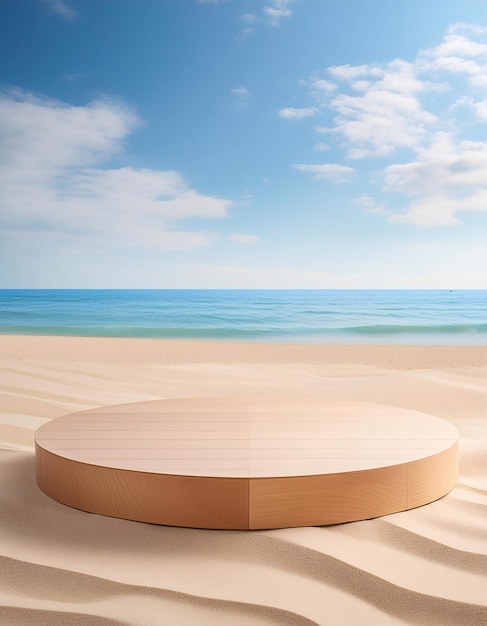 a round table on a beach with the ocean in the background