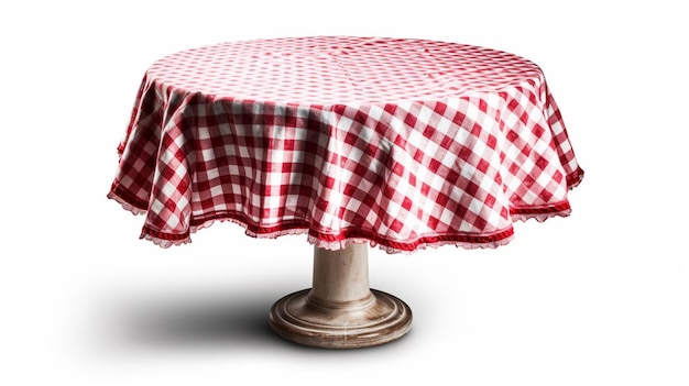 A round table covered with a red and white table cloth on isolated white background