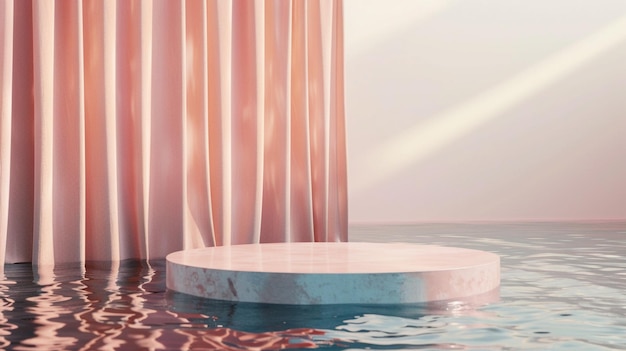 Round table floating in pool with curtains