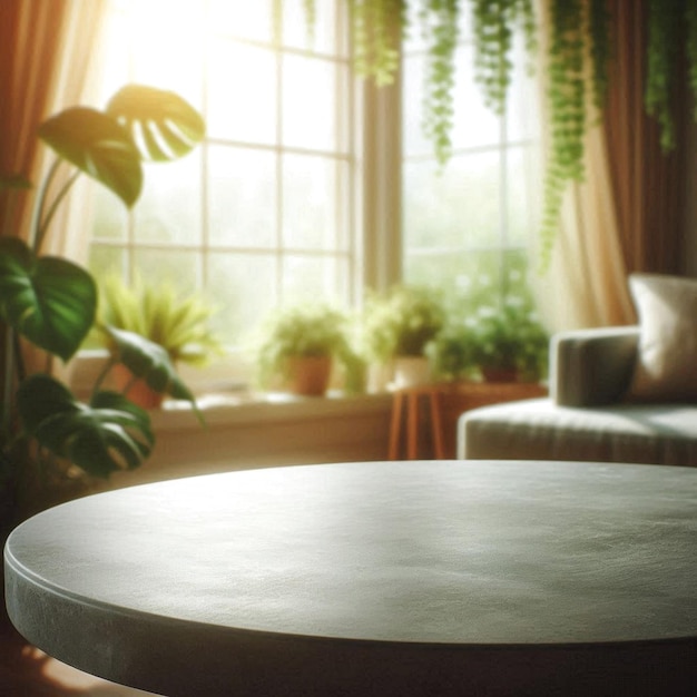 a round table in front of a window with a plant in the background