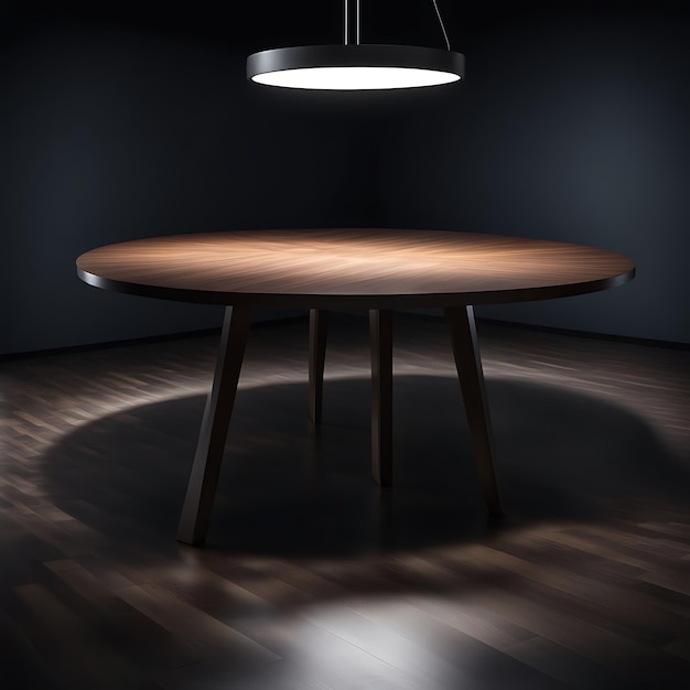 Photo a round table is on a wooden floor with a light hanging from it