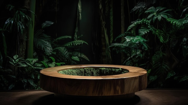 A round table in a jungle with a green plant in the middle.