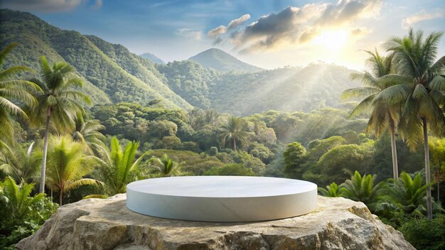 a round table in the mountains with a view of the mountains and the sun