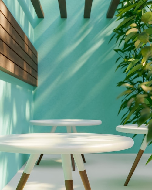 Round table podium for product placement on a cozy tropical teal background restaurant 3d render