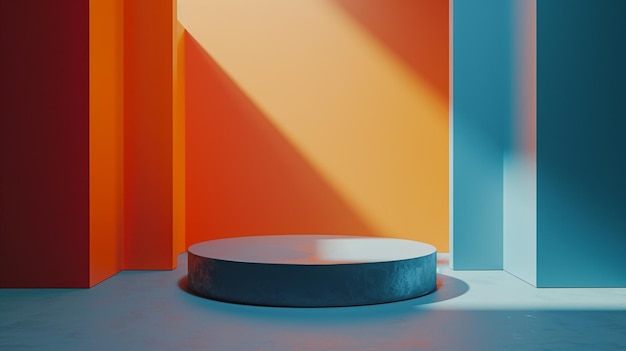 Round table in room with colorful wall