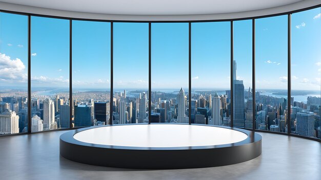 a round table in a room with a view of a city