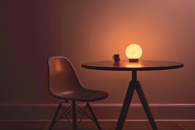 Photo a round table with a chair and a table with a light on it